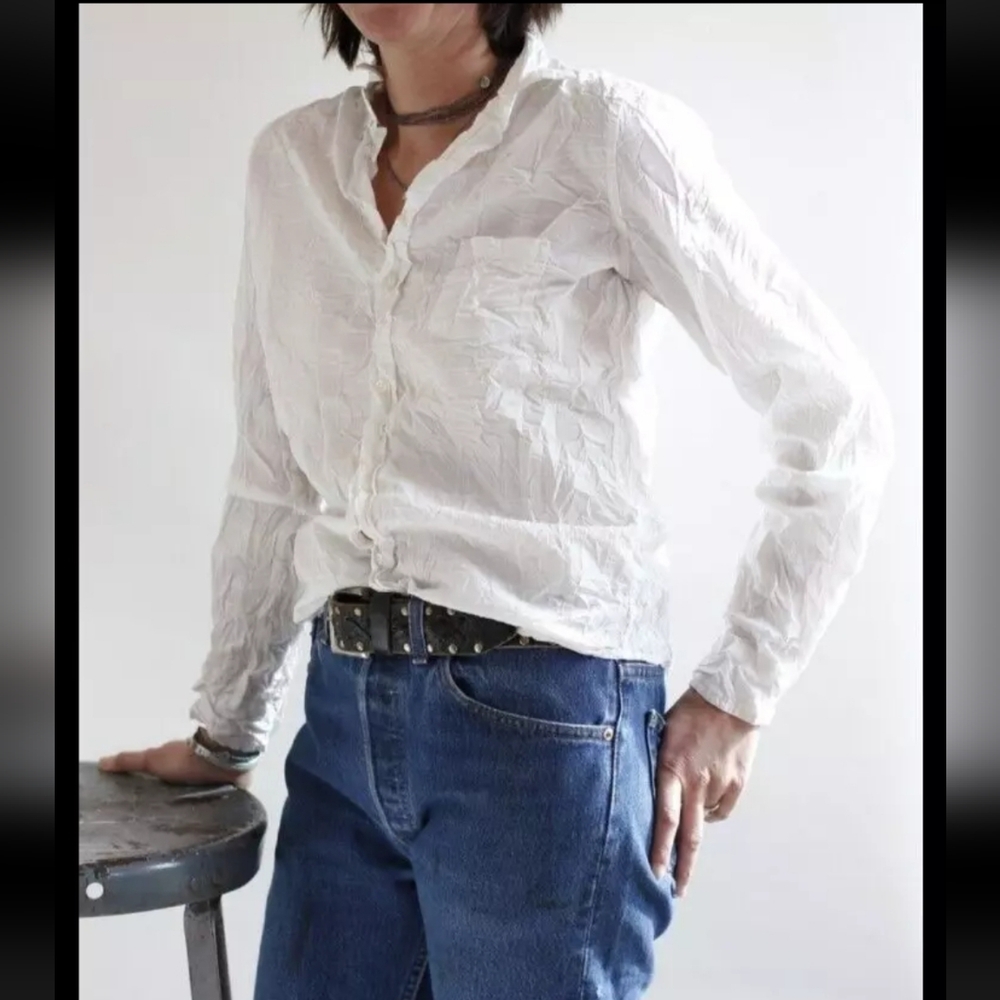 Frank & Eileen Barry Shirt Vertical Stripes Solid White Crinkled Wrinkled S